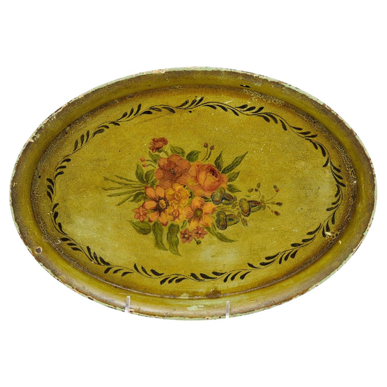 French Oval 19th Century Olive Green Tole Tray with Hand-Painted Bouquet