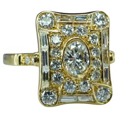 French Oval Baguette Diamond 18K Gold Picture Frame Ring Vintage Estate