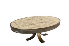 French Oval Coffee Table Vallauris Signed La Roue Ceramic & Steel circa 1960