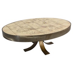 French Oval Coffee Table Vallauris Signed La Roue Ceramic & Steel circa 1960