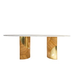 French Oval Dining Table with Carrara Marble Top and Bamboo Brass Bases