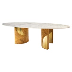 French Oval Dining Table with Carrara Marble Top and Bamboo Brass Bases