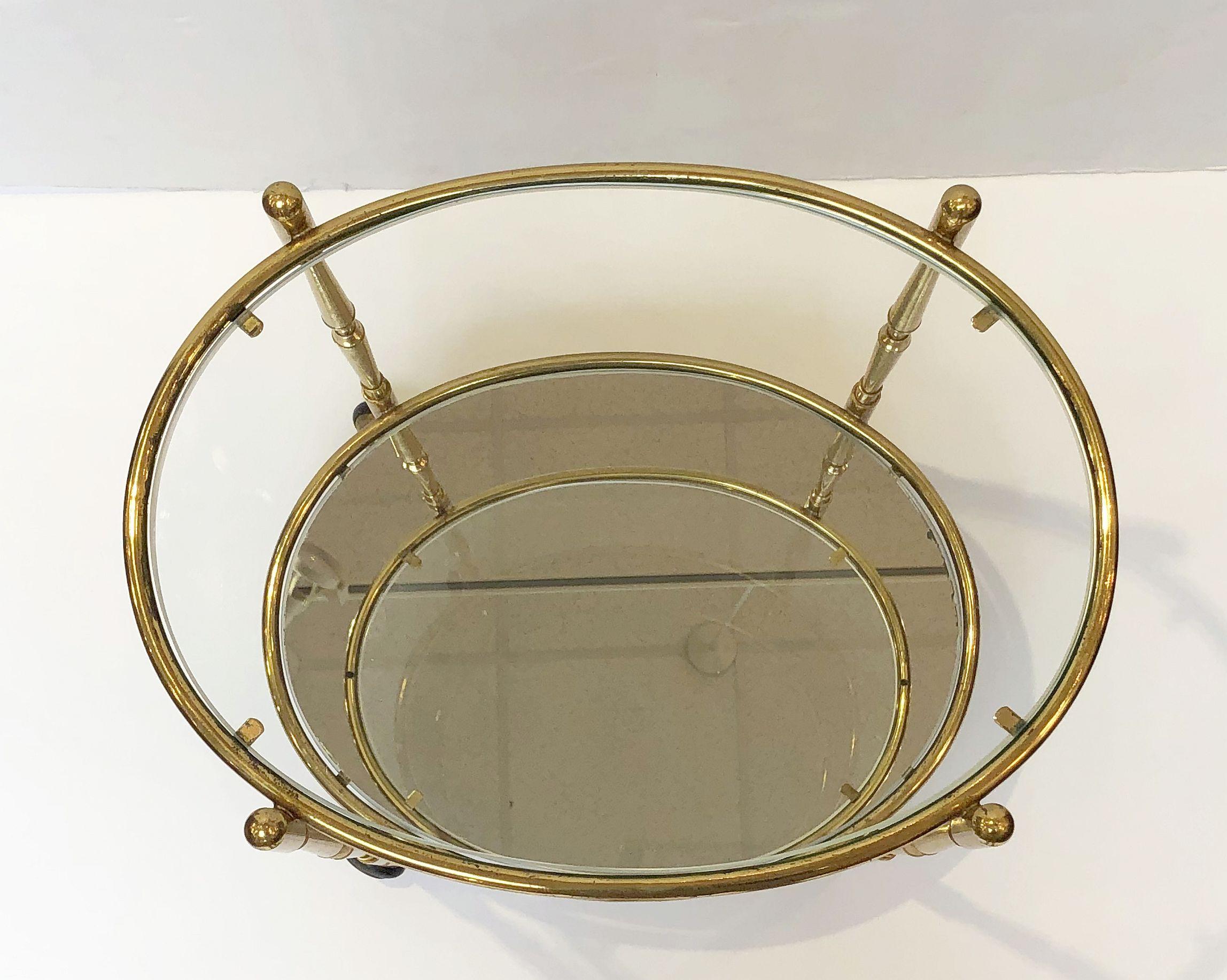 French Oval Drinks Cart of Brass, Glass, and Mirrored Glass 5