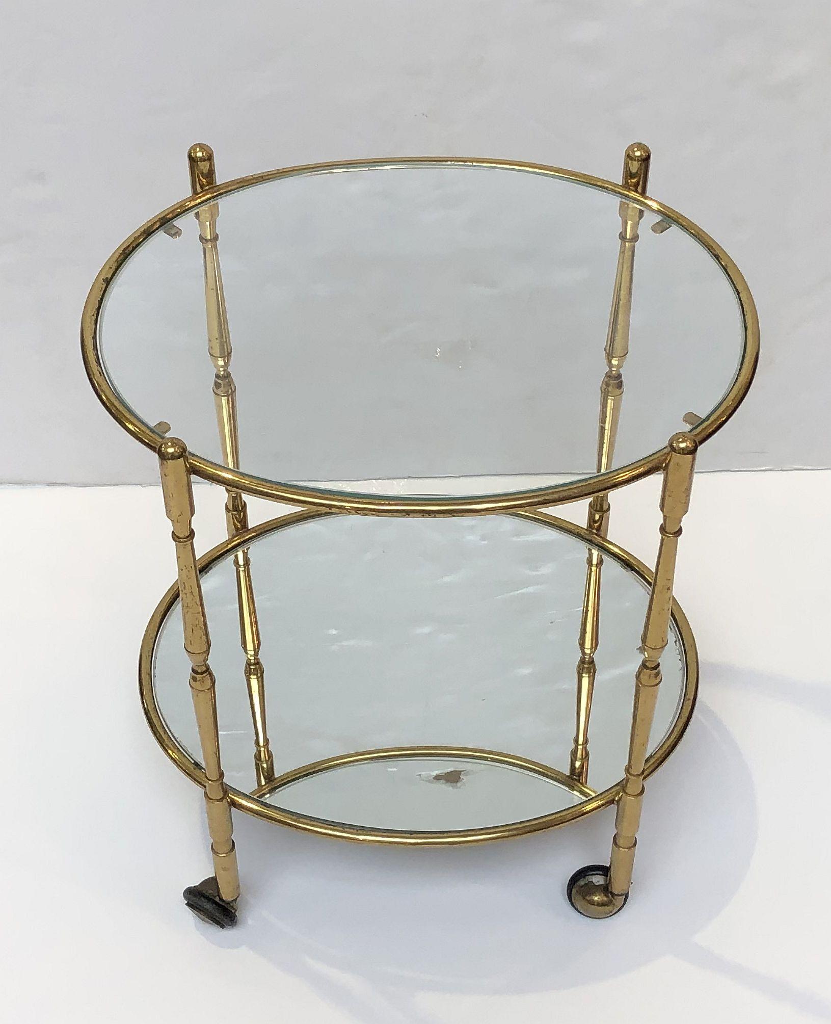 Mid-Century Modern French Oval Drinks Cart of Brass, Glass, and Mirrored Glass