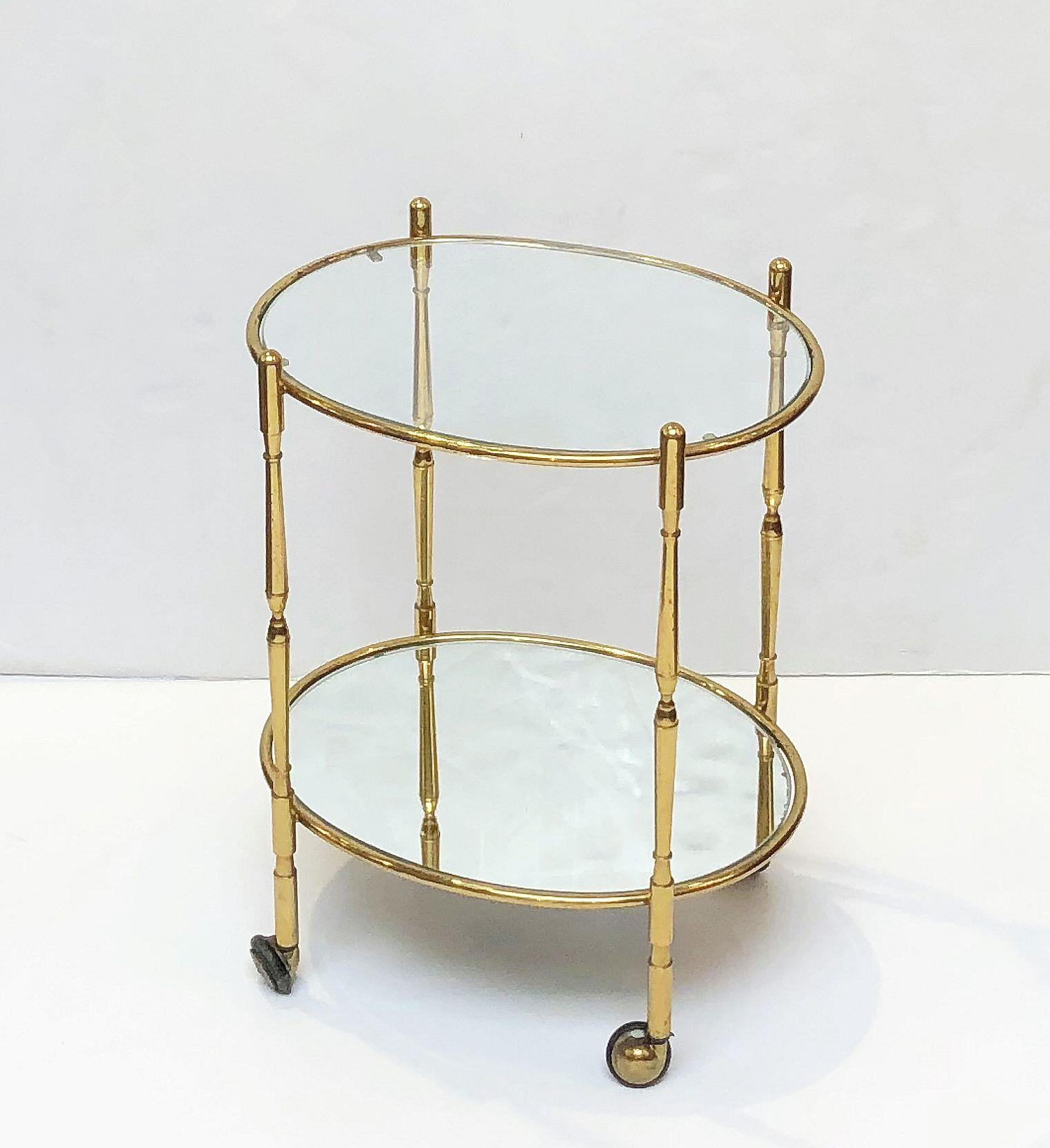 20th Century French Oval Drinks Cart of Brass, Glass, and Mirrored Glass