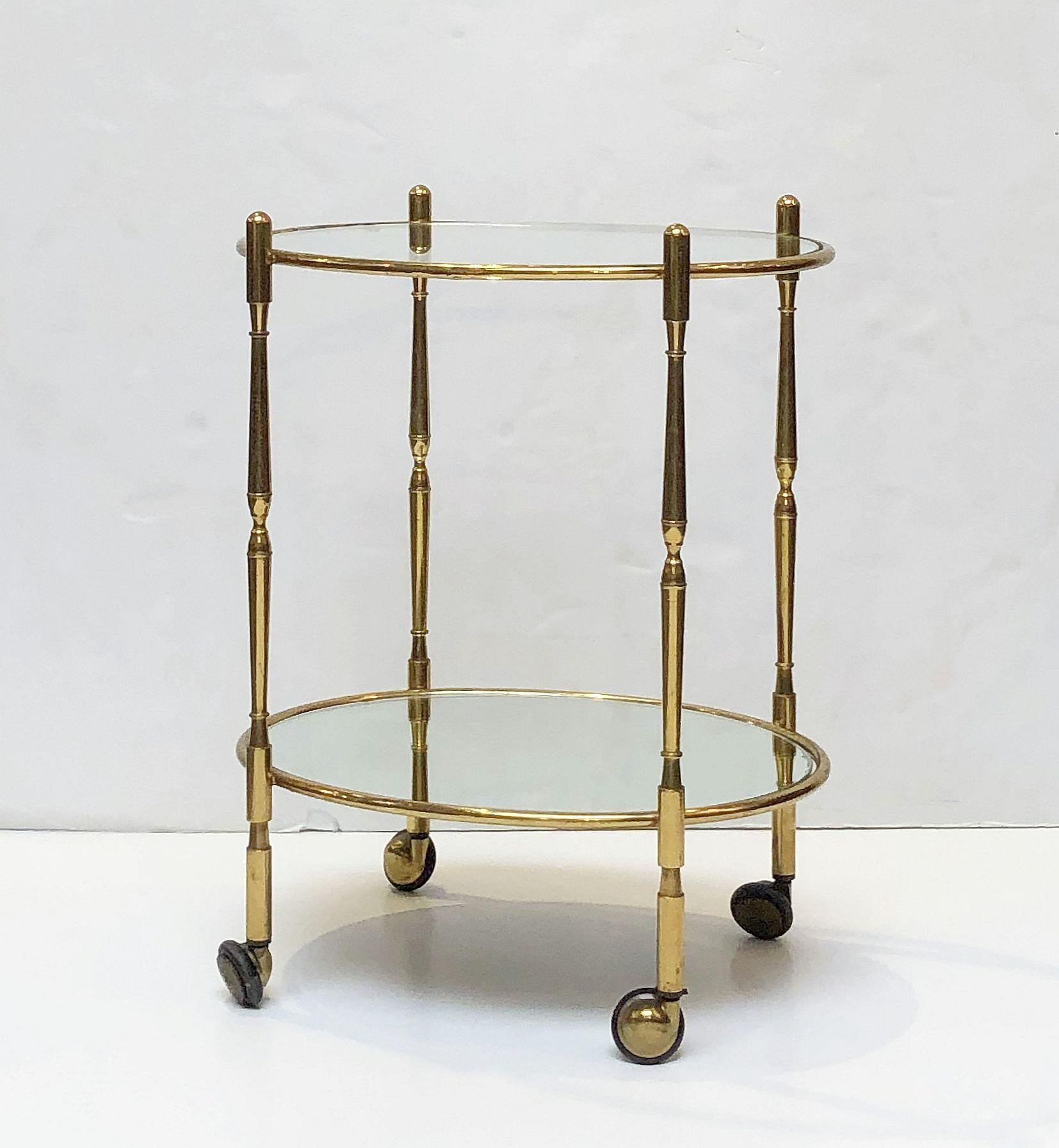 Metal French Oval Drinks Cart of Brass, Glass, and Mirrored Glass