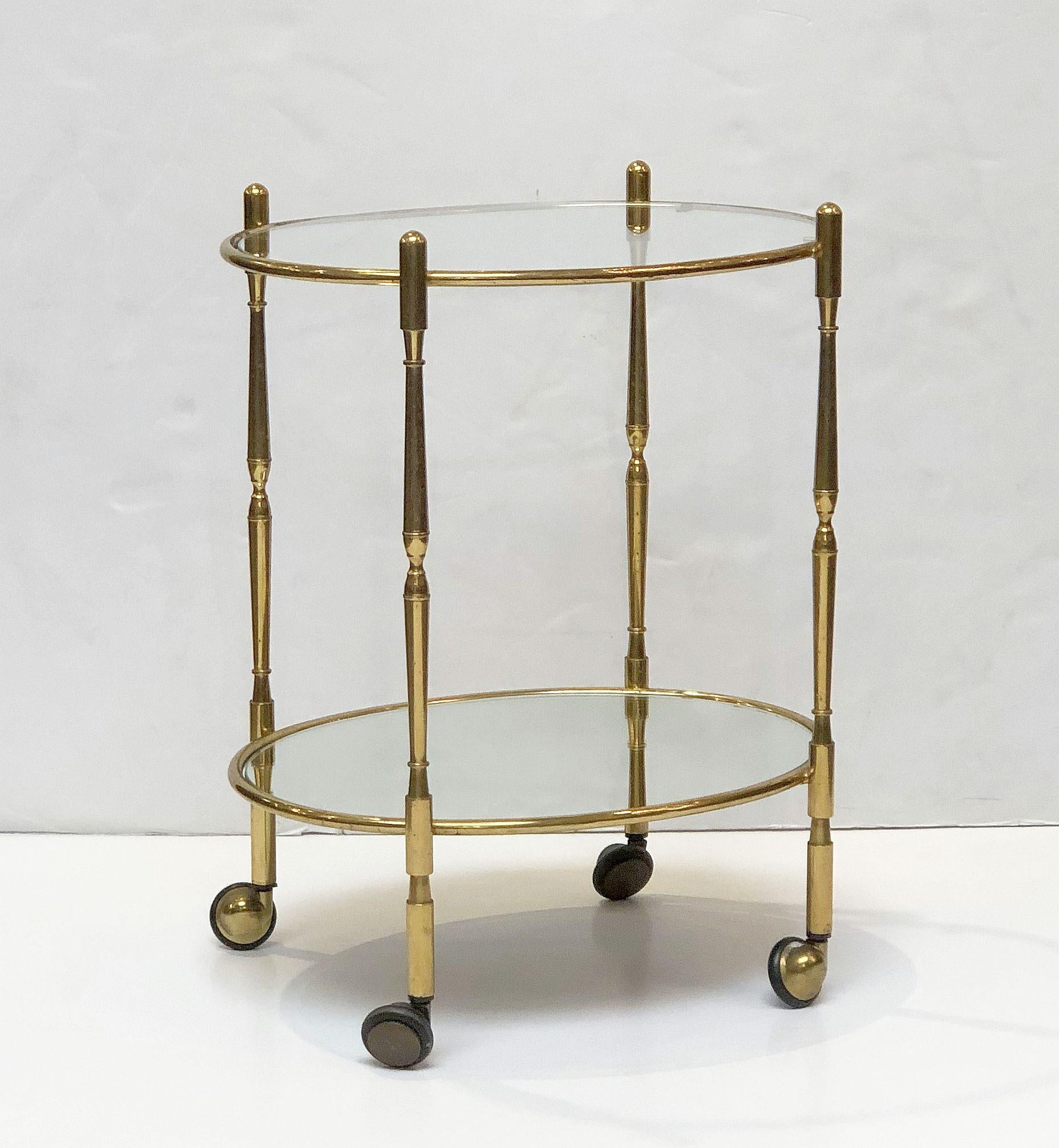 French Oval Drinks Cart of Brass, Glass, and Mirrored Glass 1