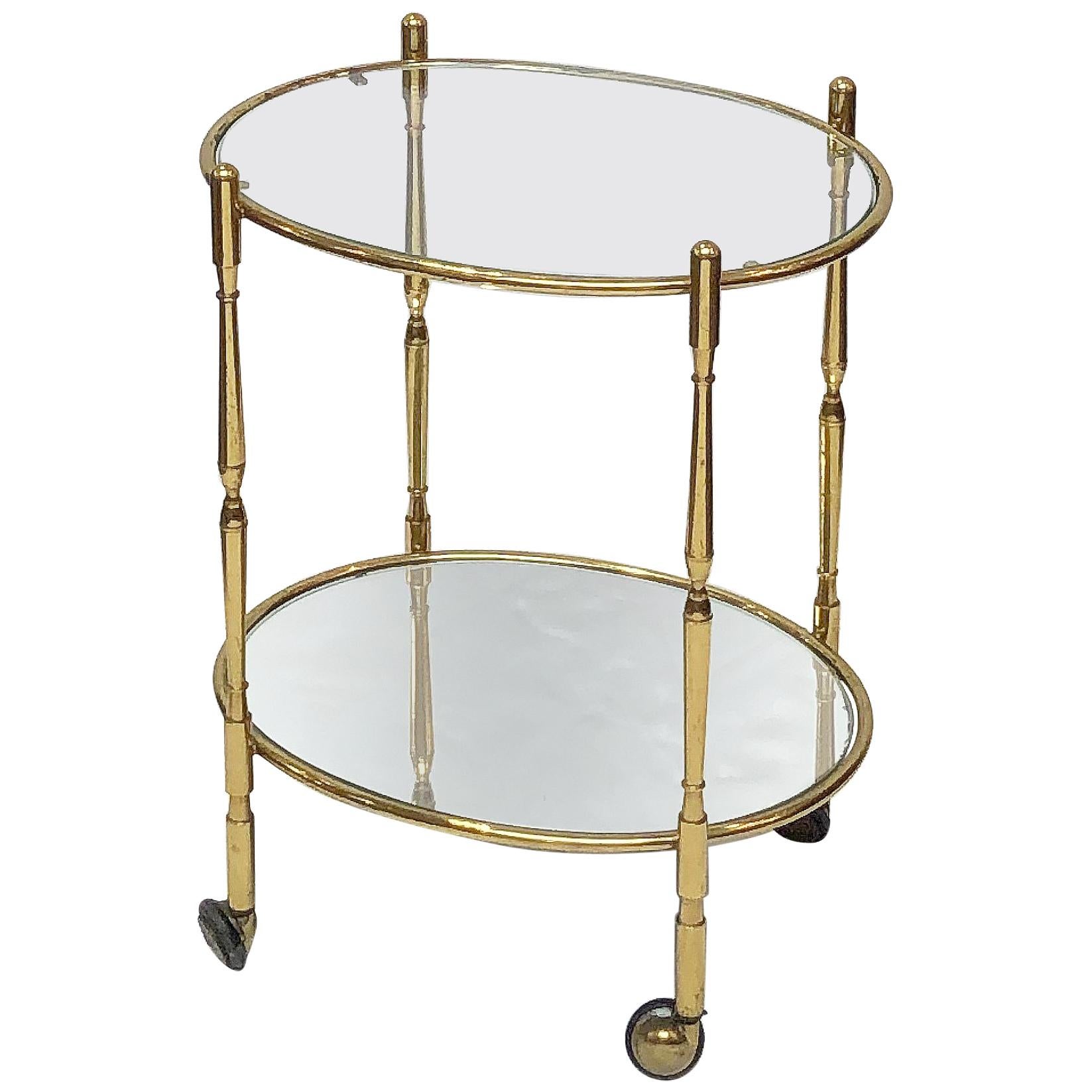 French Oval Drinks Cart of Brass, Glass, and Mirrored Glass