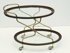 French Oval Drinks Cart of Mahogany and Brass and Glass on Rolling Casters
