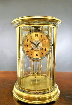 French Oval Four Glass Mantel Clock with Champleve Decoration, Le Roy, Paris