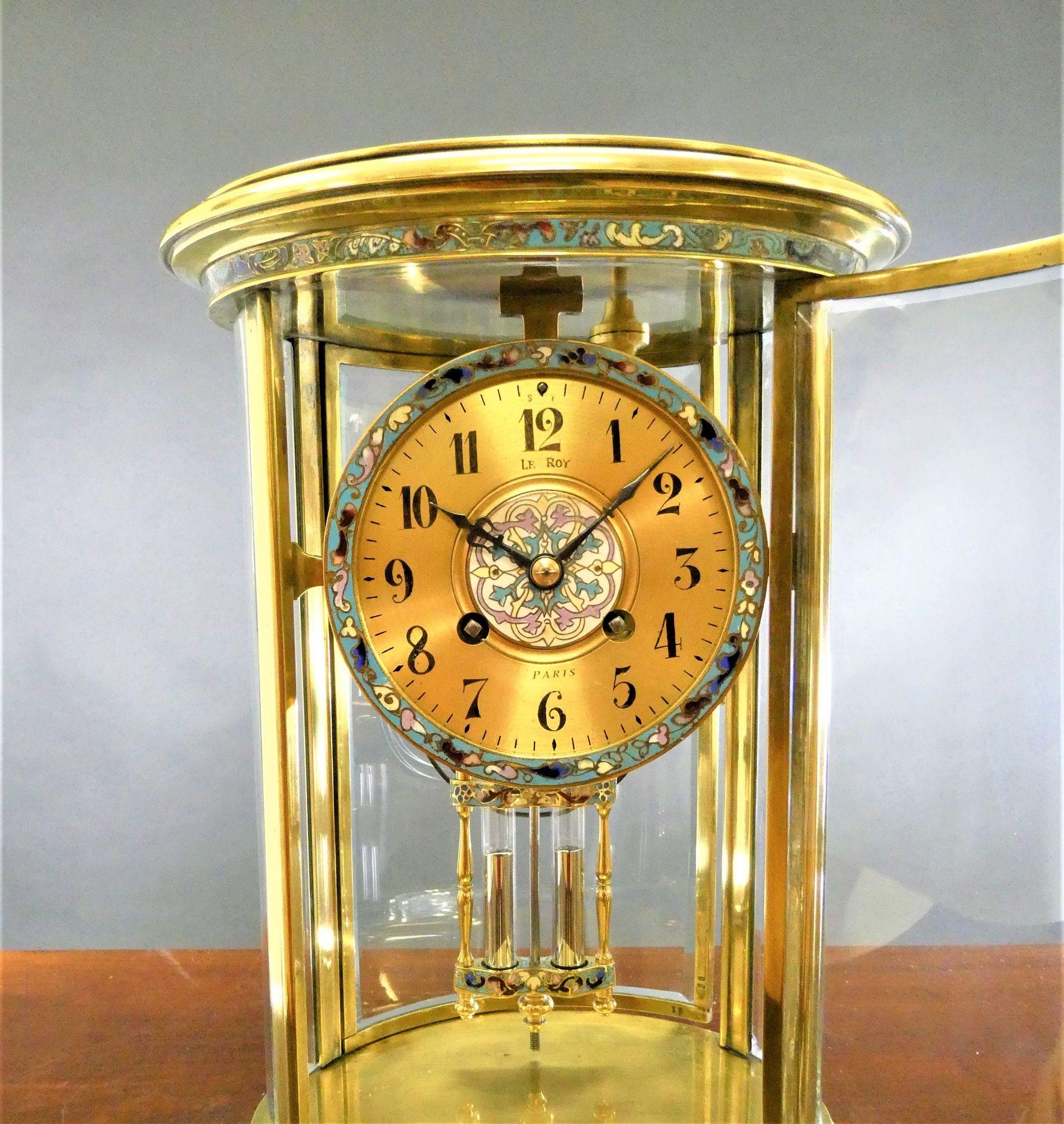 French Oval Four Glass Mantel Clock with Champleve Decoration, Le Roy, Paris In Good Condition For Sale In Norwich, GB