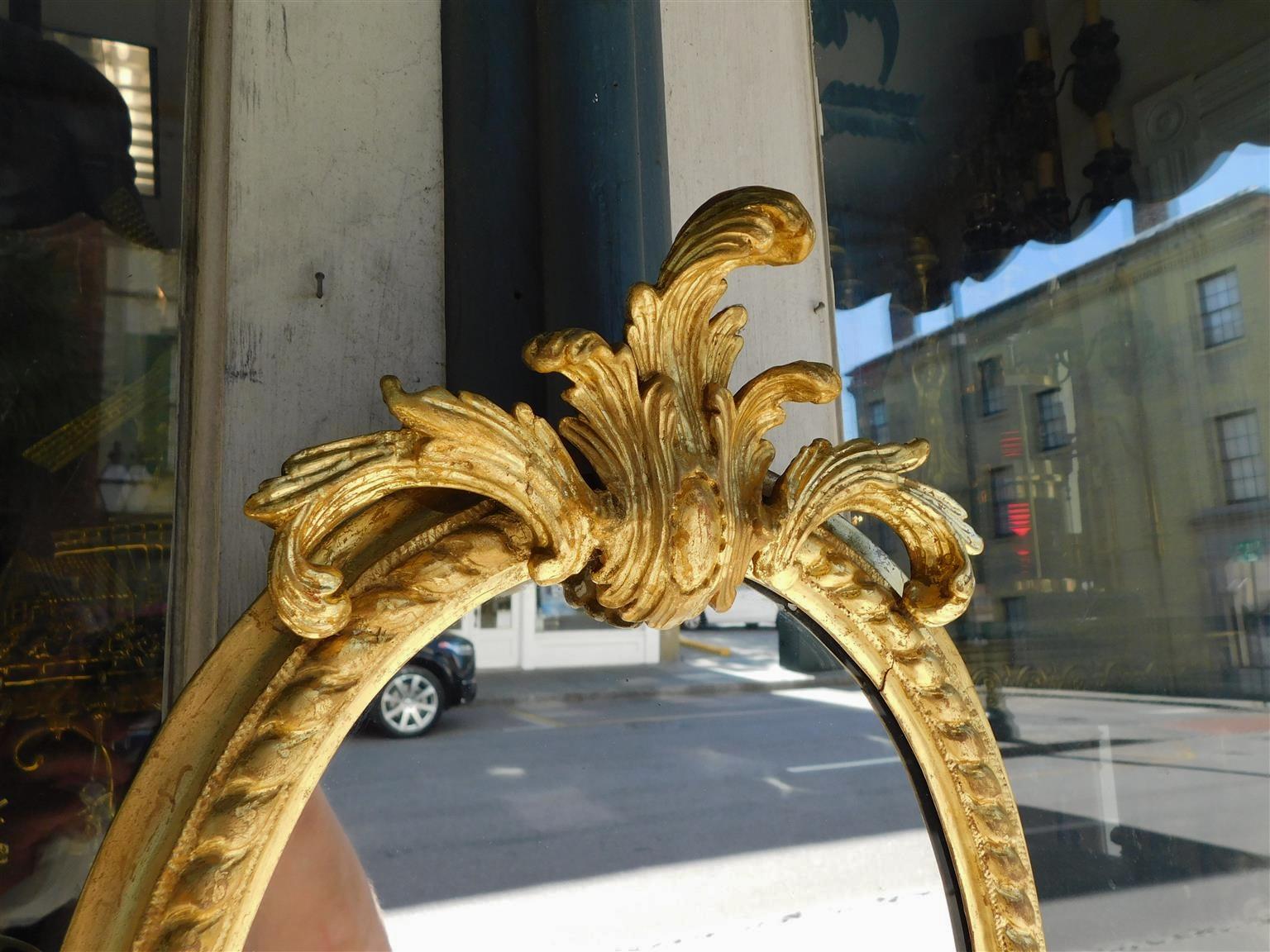 French Oval Gilt Wood & Gesso Foliage Crest Candle Arm Wall Mirror, Circa 1790 For Sale 1