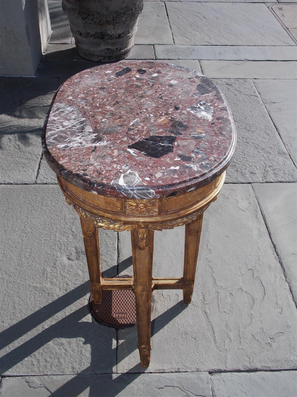Louis XVI French Oval Gilt wood Marble Side Table with Floral Medallion & Swags, C. 1780 For Sale