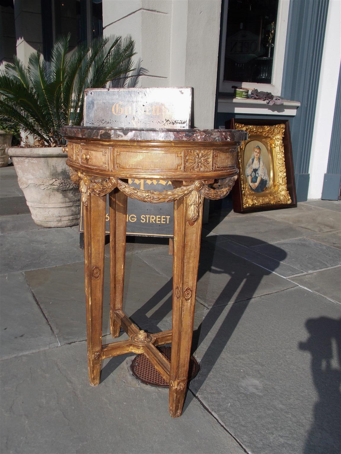 Hand-Carved French Oval Gilt wood Marble Side Table with Floral Medallion & Swags, C. 1780 For Sale