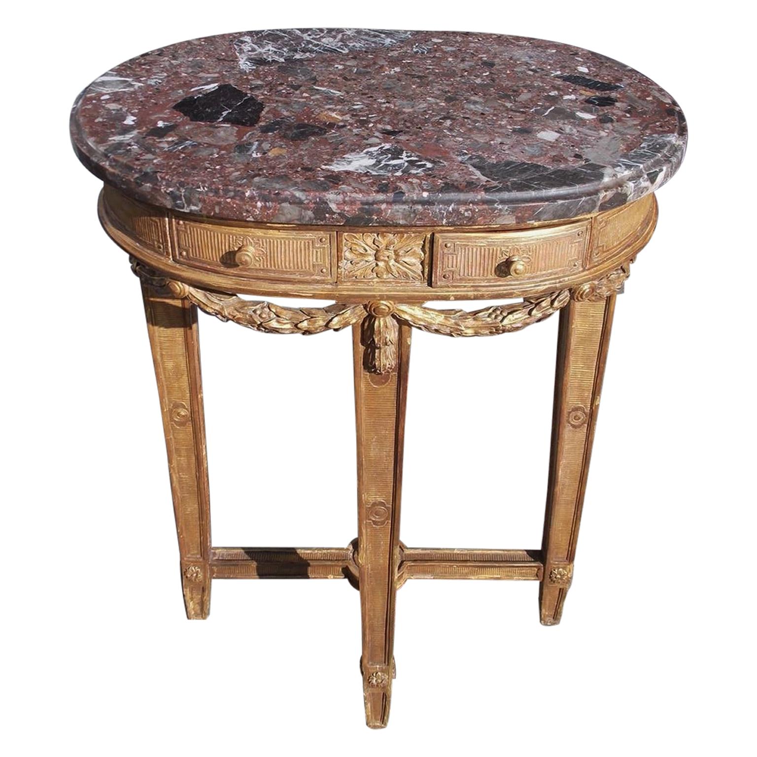 French Oval Gilt wood Marble Side Table with Floral Medallion & Swags, C. 1780 For Sale