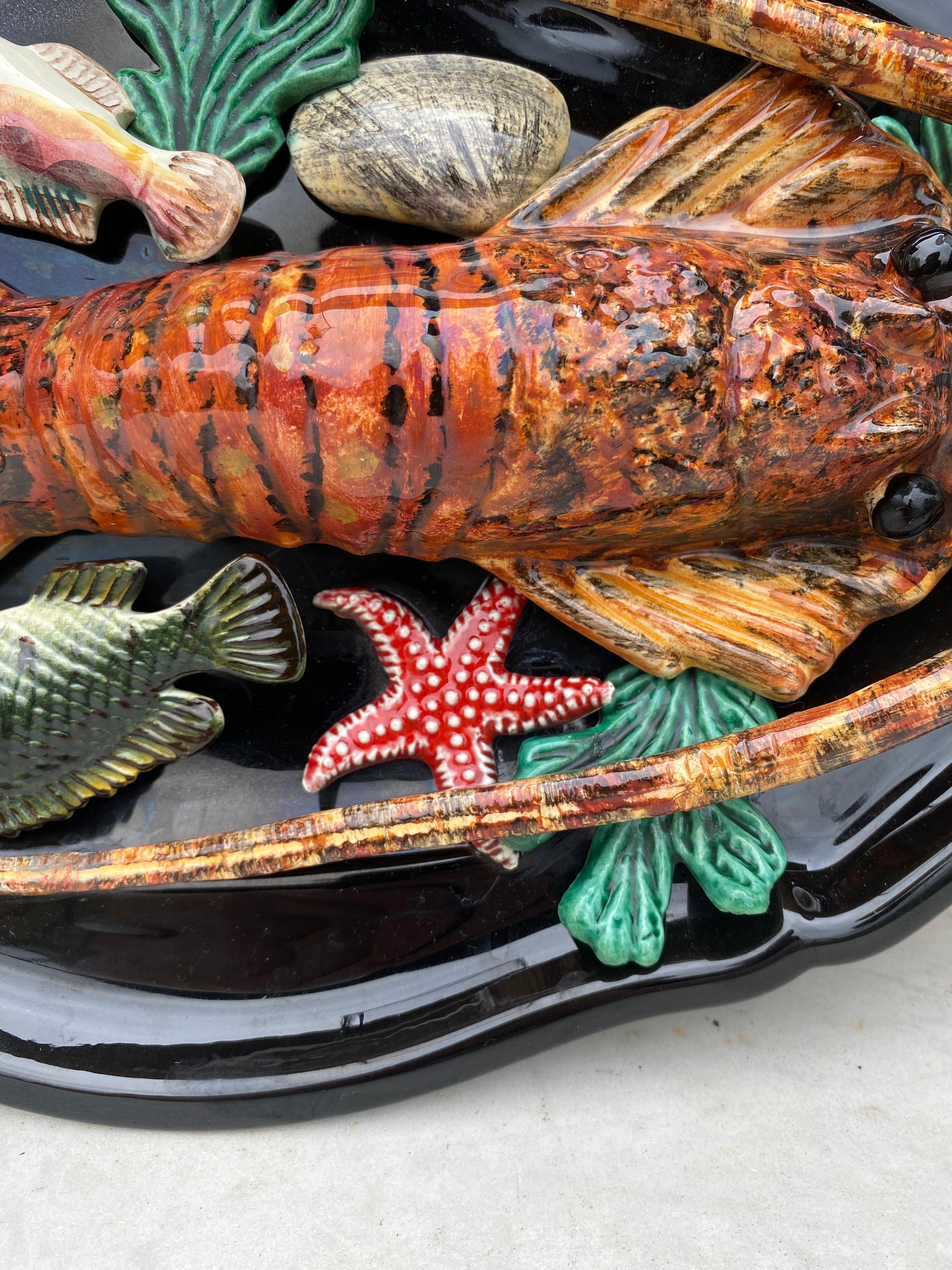 Mid-Century Modern French Oval Majolica Palissy Fish & Lobster Platter Vallauris, circa 1950 For Sale