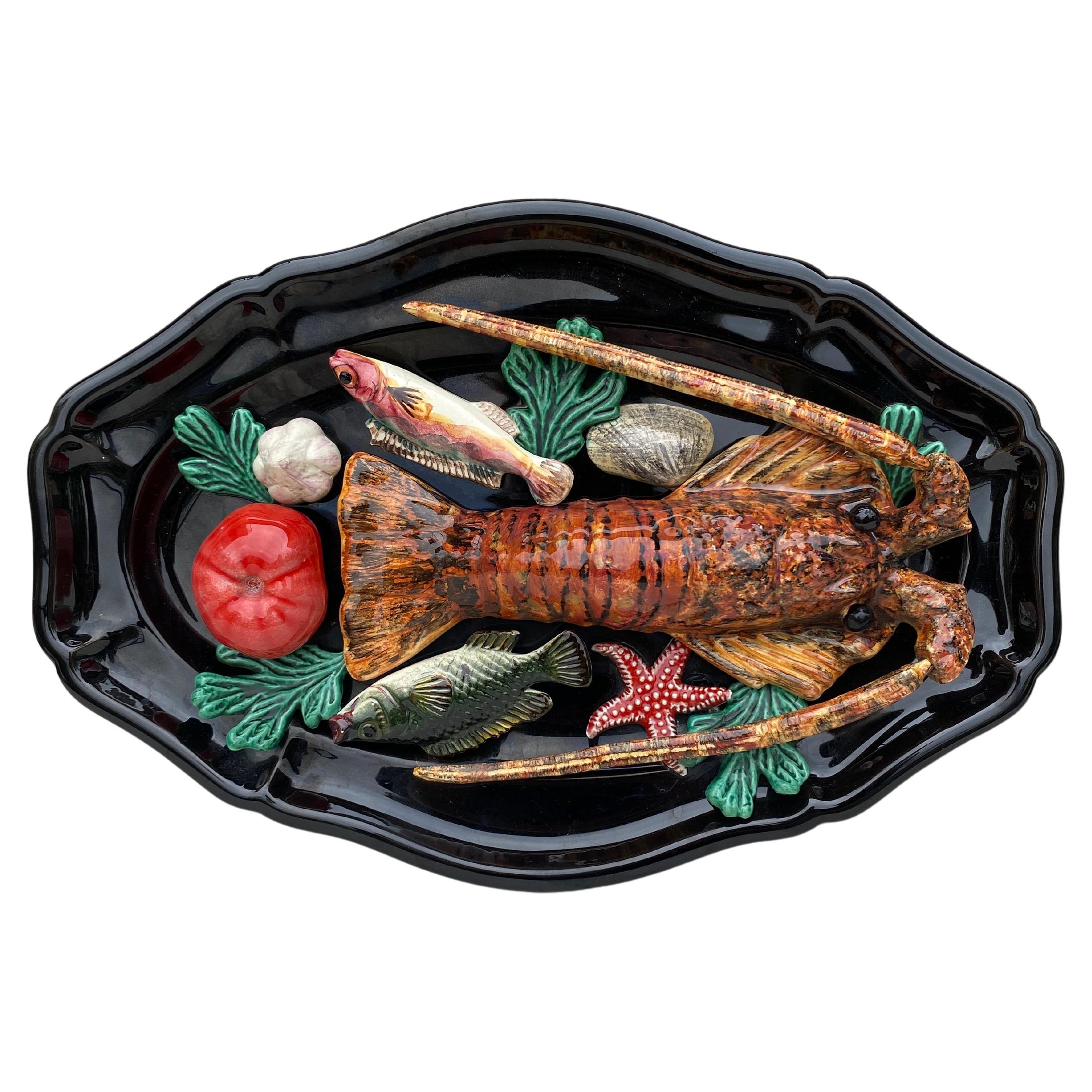 French Oval Majolica Palissy Fish & Lobster Platter Vallauris, circa 1950 For Sale