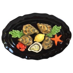 French Oval Majolica Palissy Oysters Wall Platter Vallauris, circa 1950