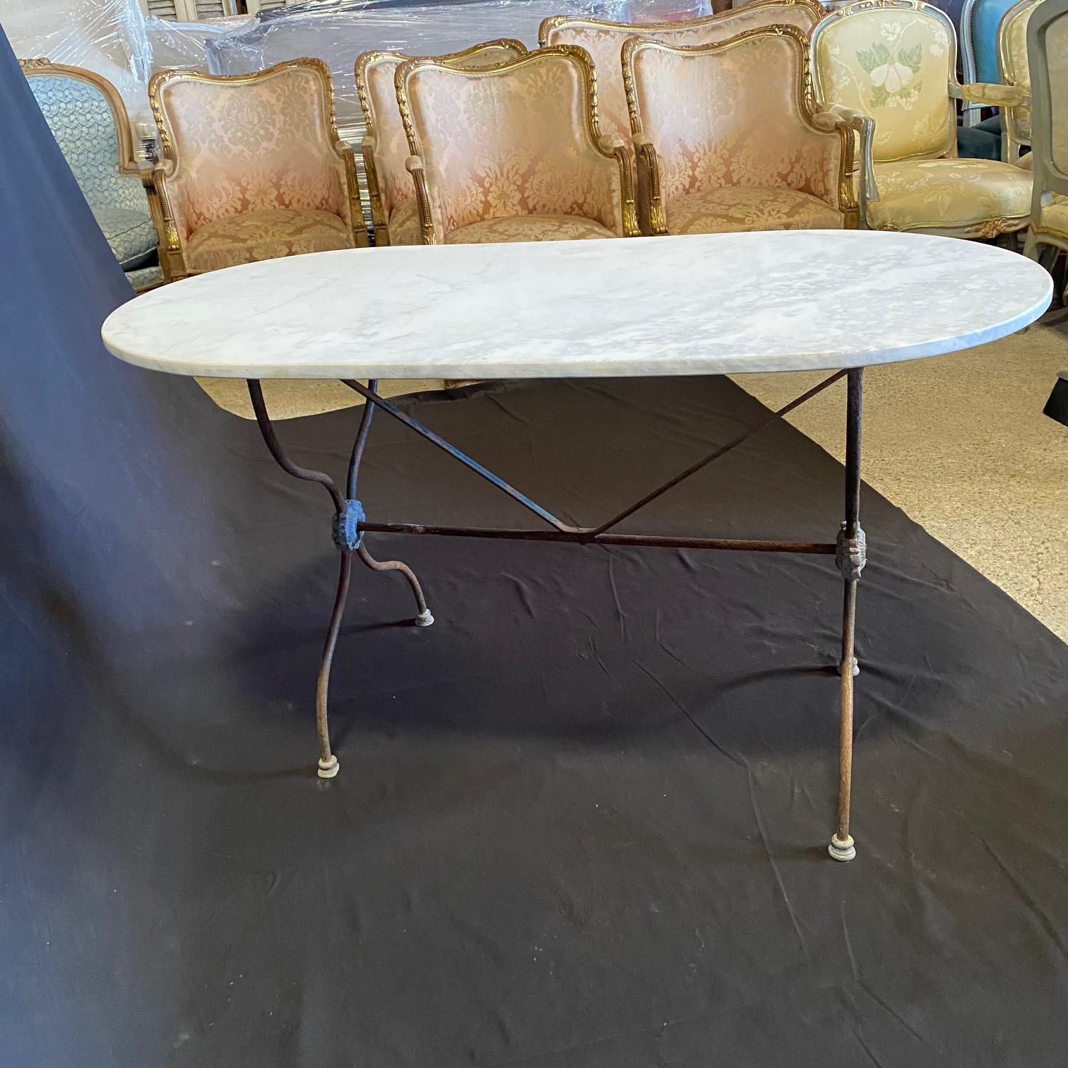 French Provincial French Oval Marble Top Cafe or Bistro Table with Classic Superb Iron Base