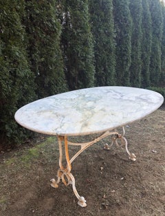 French Oval Marble-Topped Dining Table with Cast Iron Base