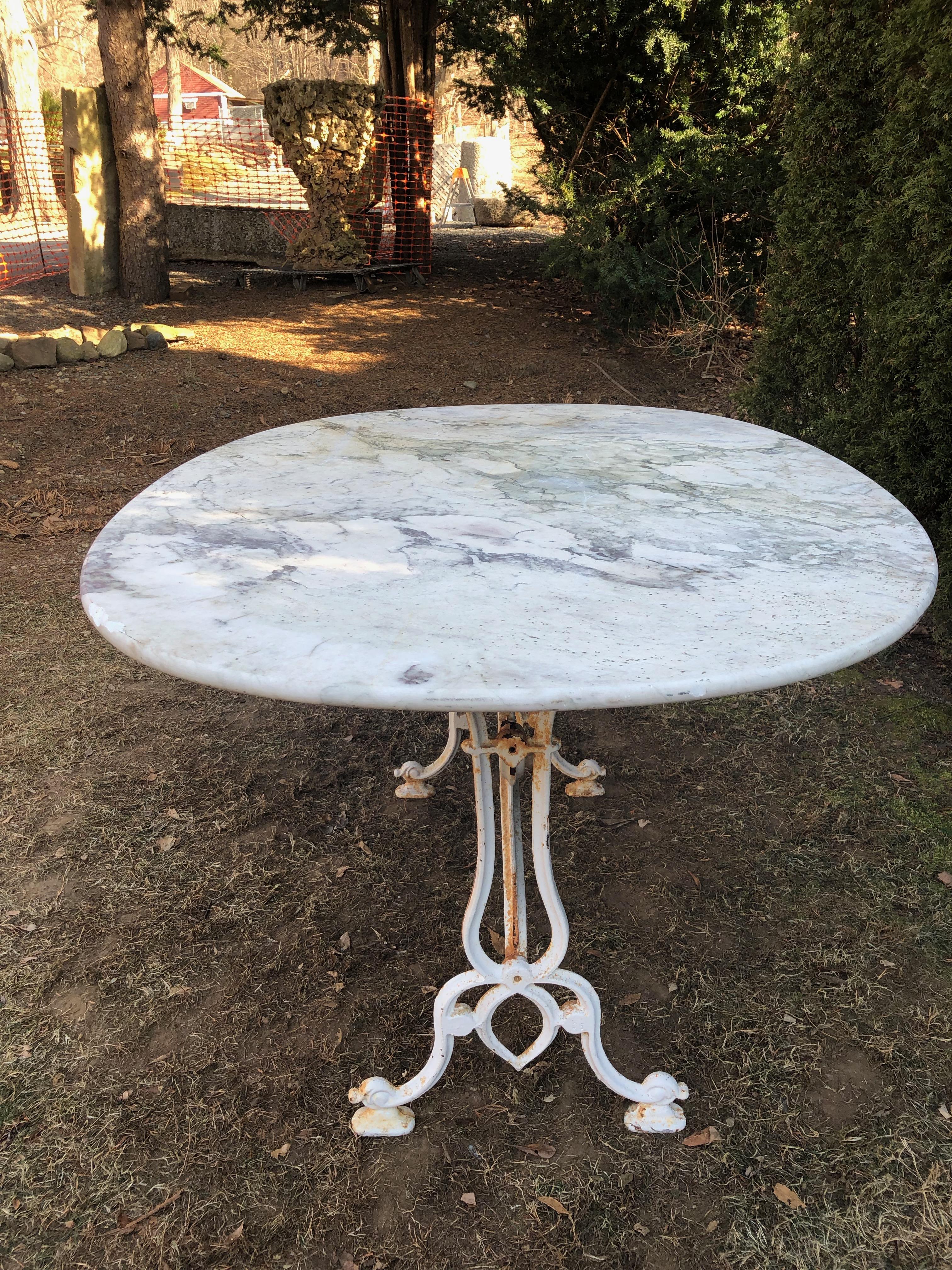 20th Century French Oval Marble-Topped Dining Table with Cast Iron Base