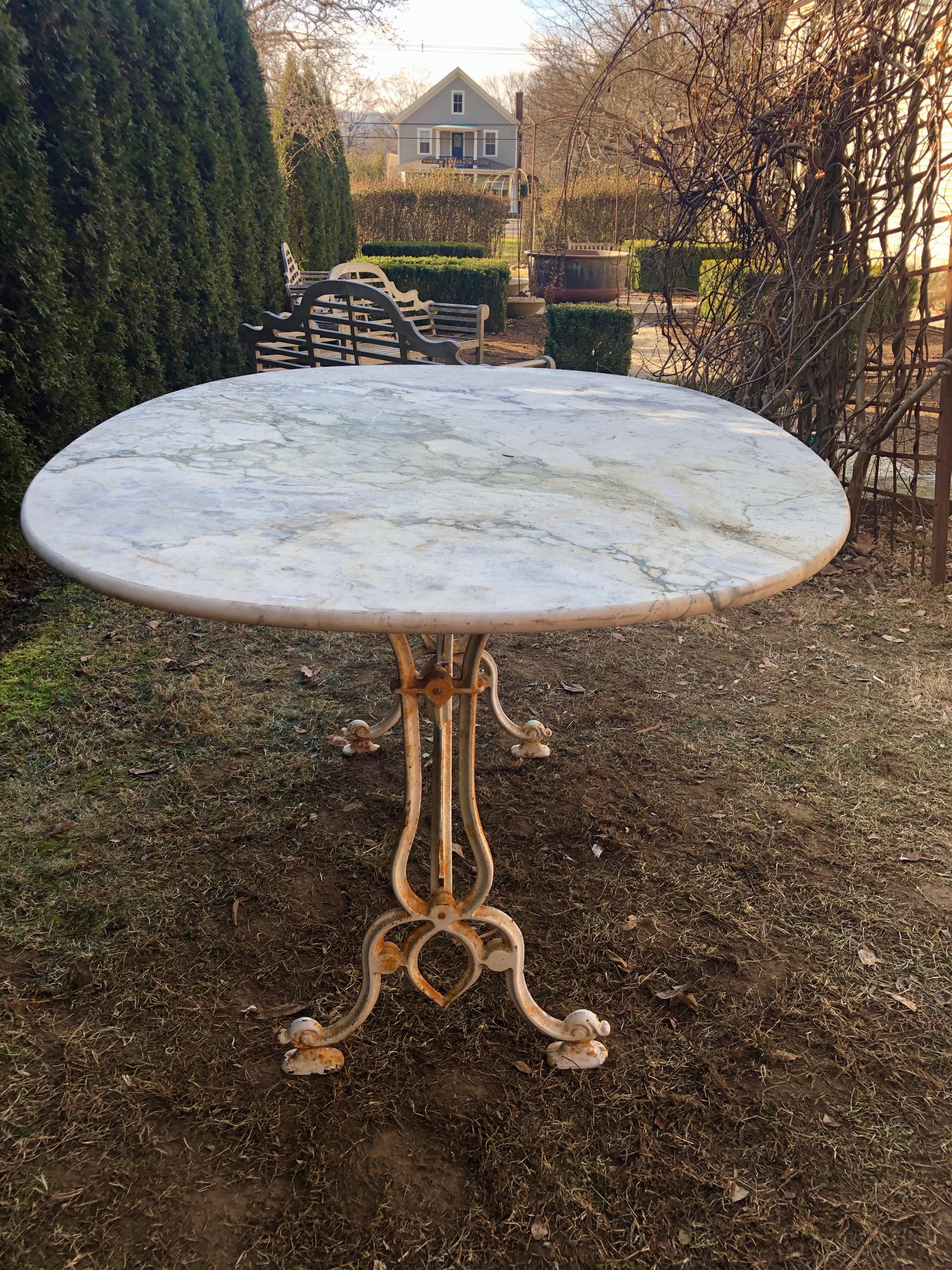 French Oval Marble-Topped Dining Table with Cast Iron Base 1