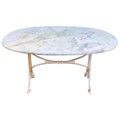 French Oval Marble-Topped Dining Table with Cast Iron Base