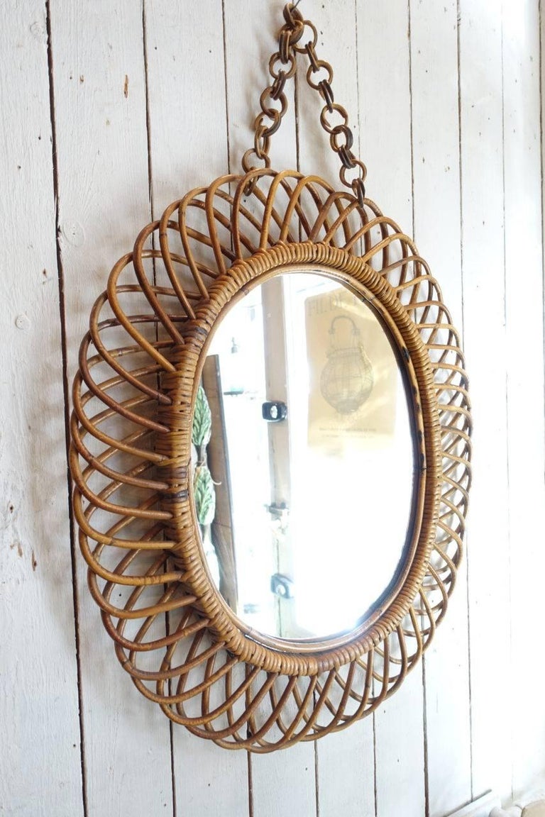 French Oval Midcentury Rattan Mirror