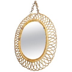 French Oval Midcentury Rattan Mirror