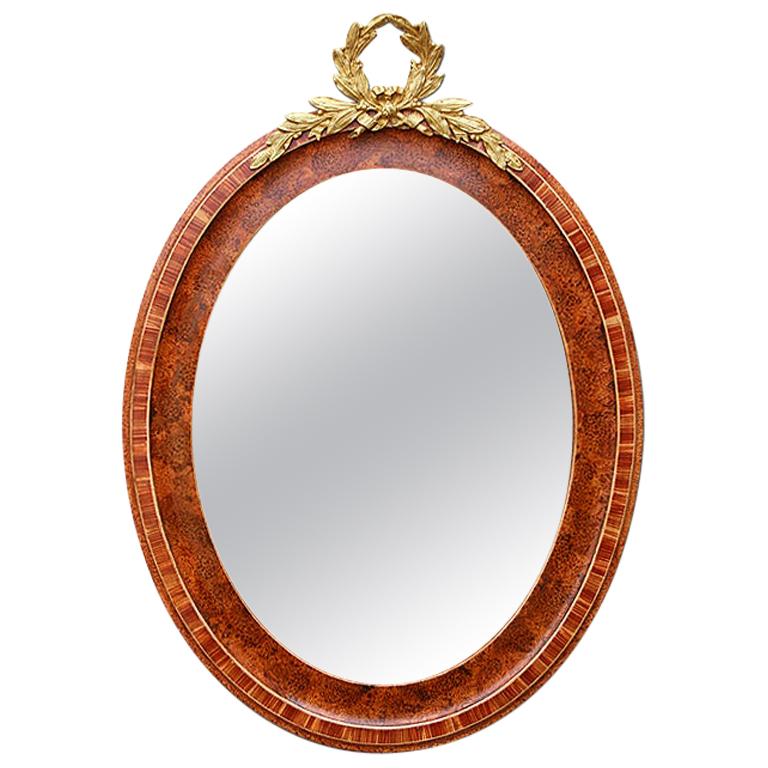 French Oval Mirror, Gilded Bronze Pediment, circa 1920