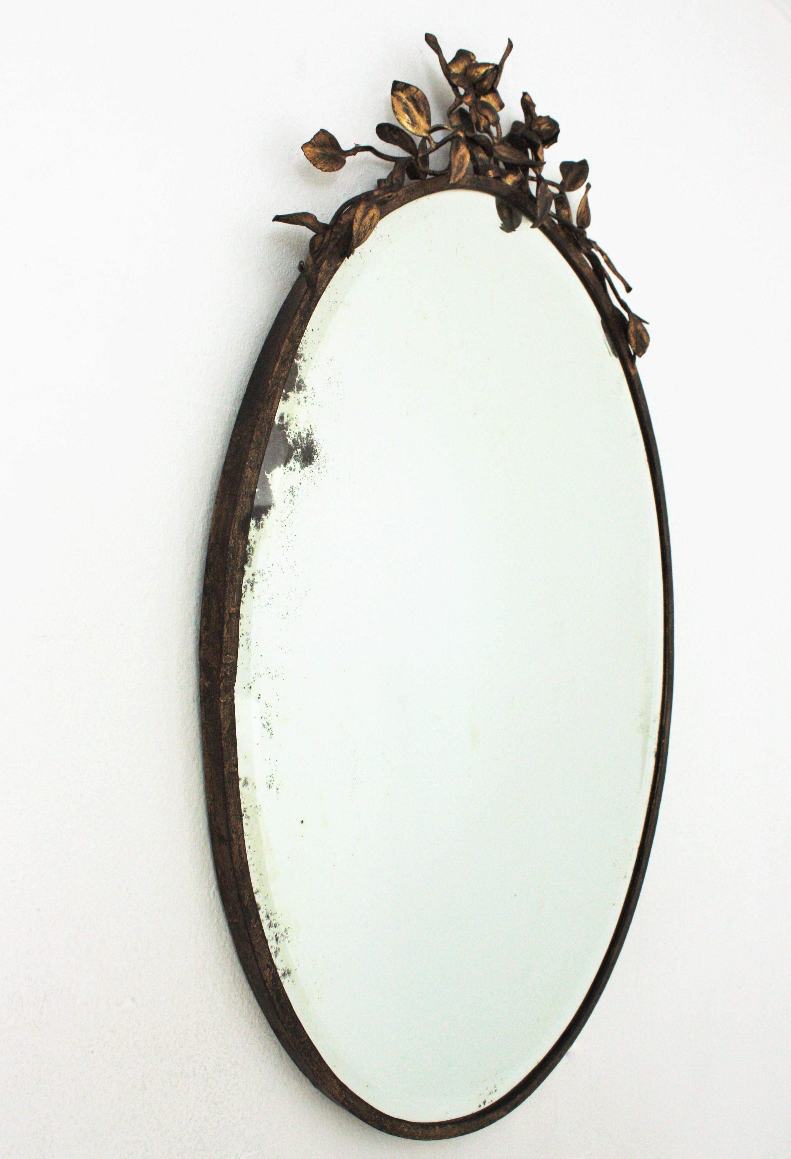 French Oval Mirror in Gilt Iron with Foliage Floral Top, 1940s 5