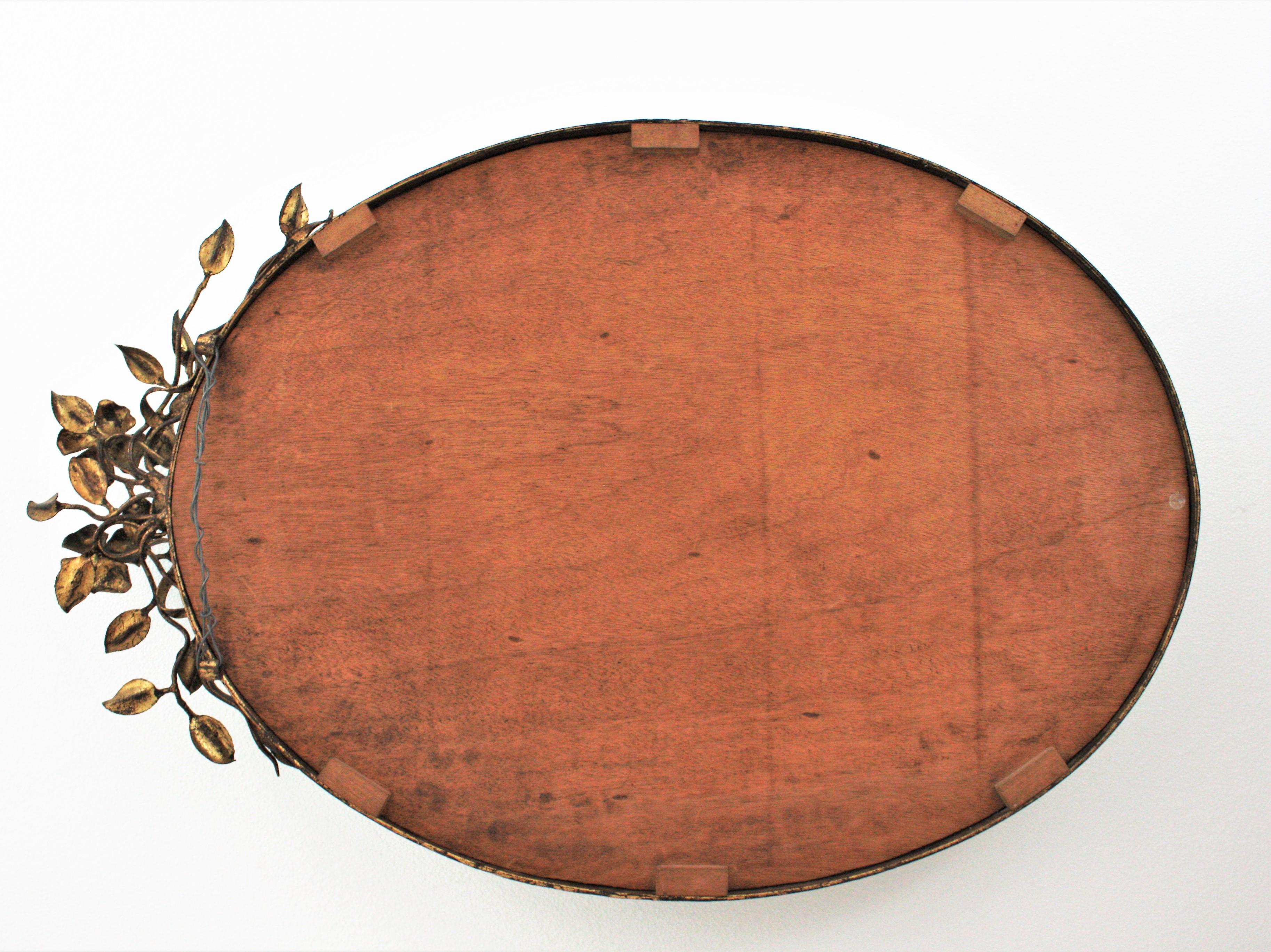 French Oval Mirror in Gilt Iron with Foliage Floral Top, 1940s 6