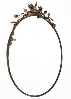 French Oval Mirror in Gilt Iron with Foliage Floral Top, 1940s