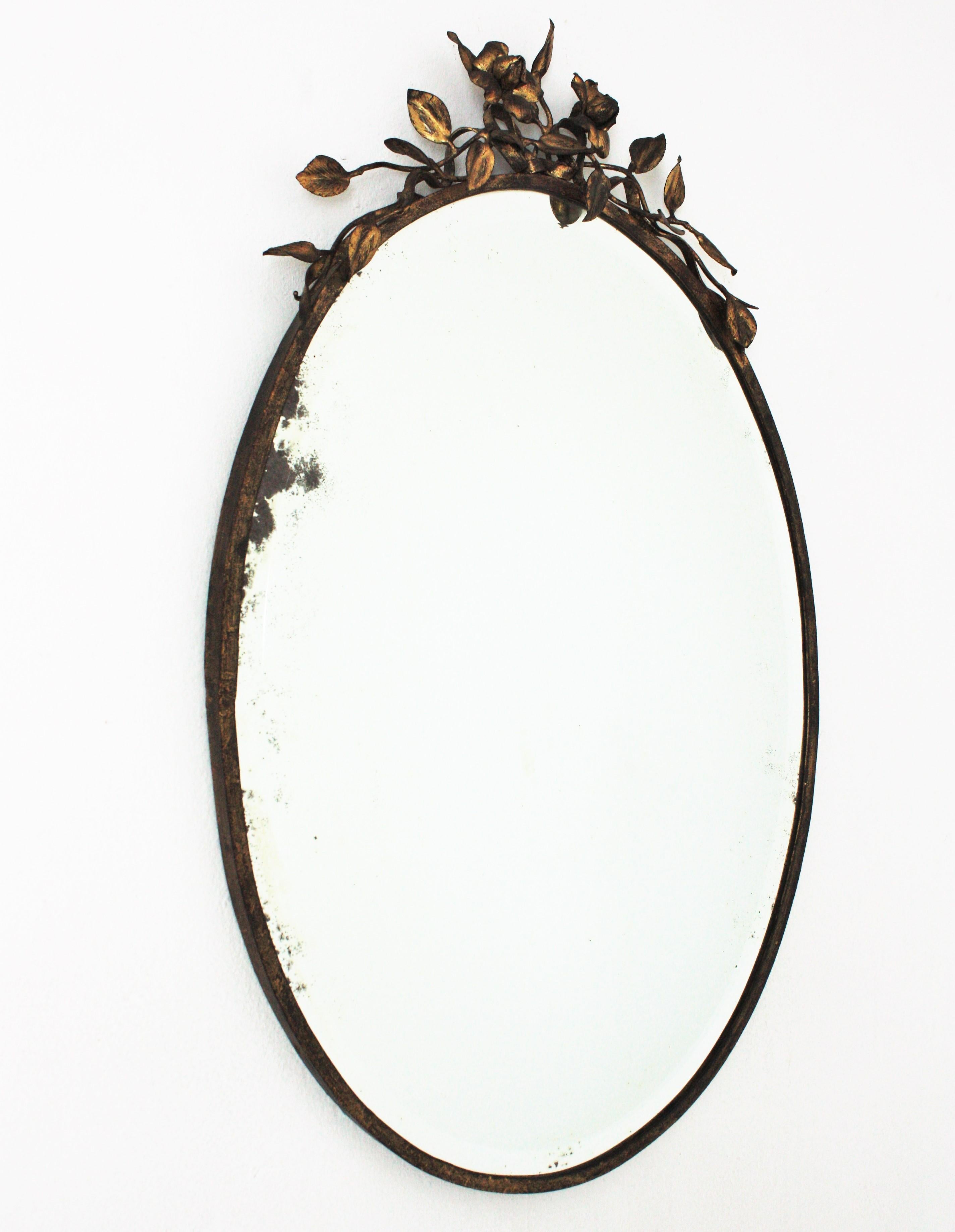 Art Deco French Oval Mirror in Gilt Iron with Foliage Floral Top, 1940s
