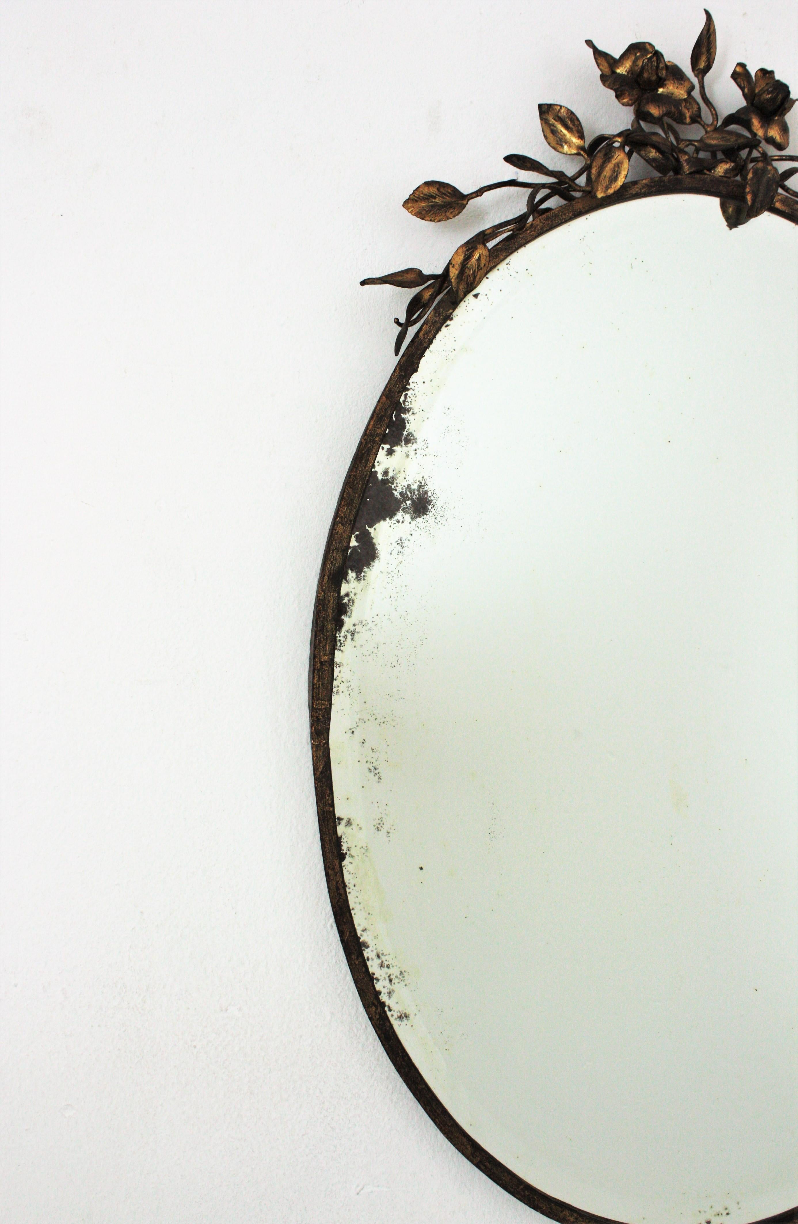 20th Century French Oval Mirror in Gilt Iron with Foliage Floral Top, 1940s