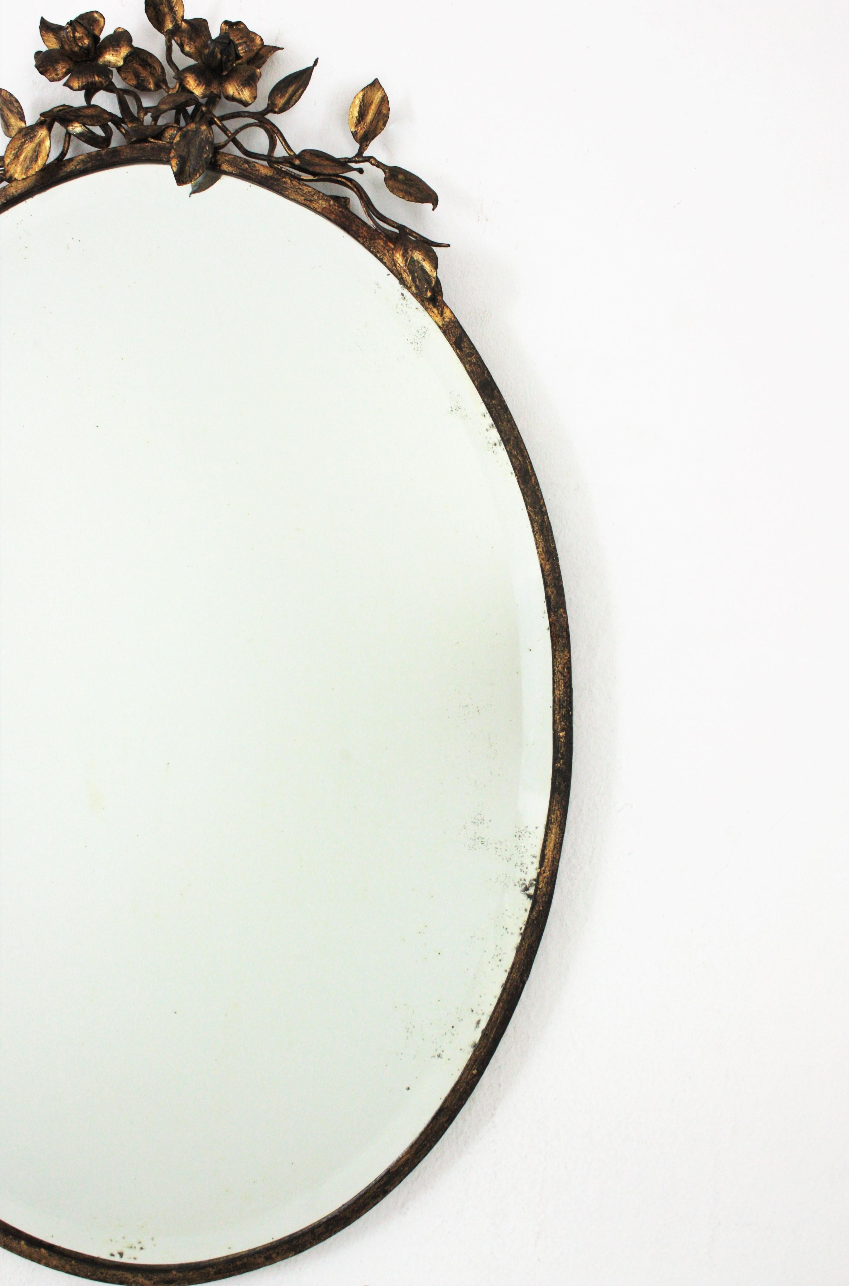 Metal French Oval Mirror in Gilt Iron with Foliage Floral Top, 1940s