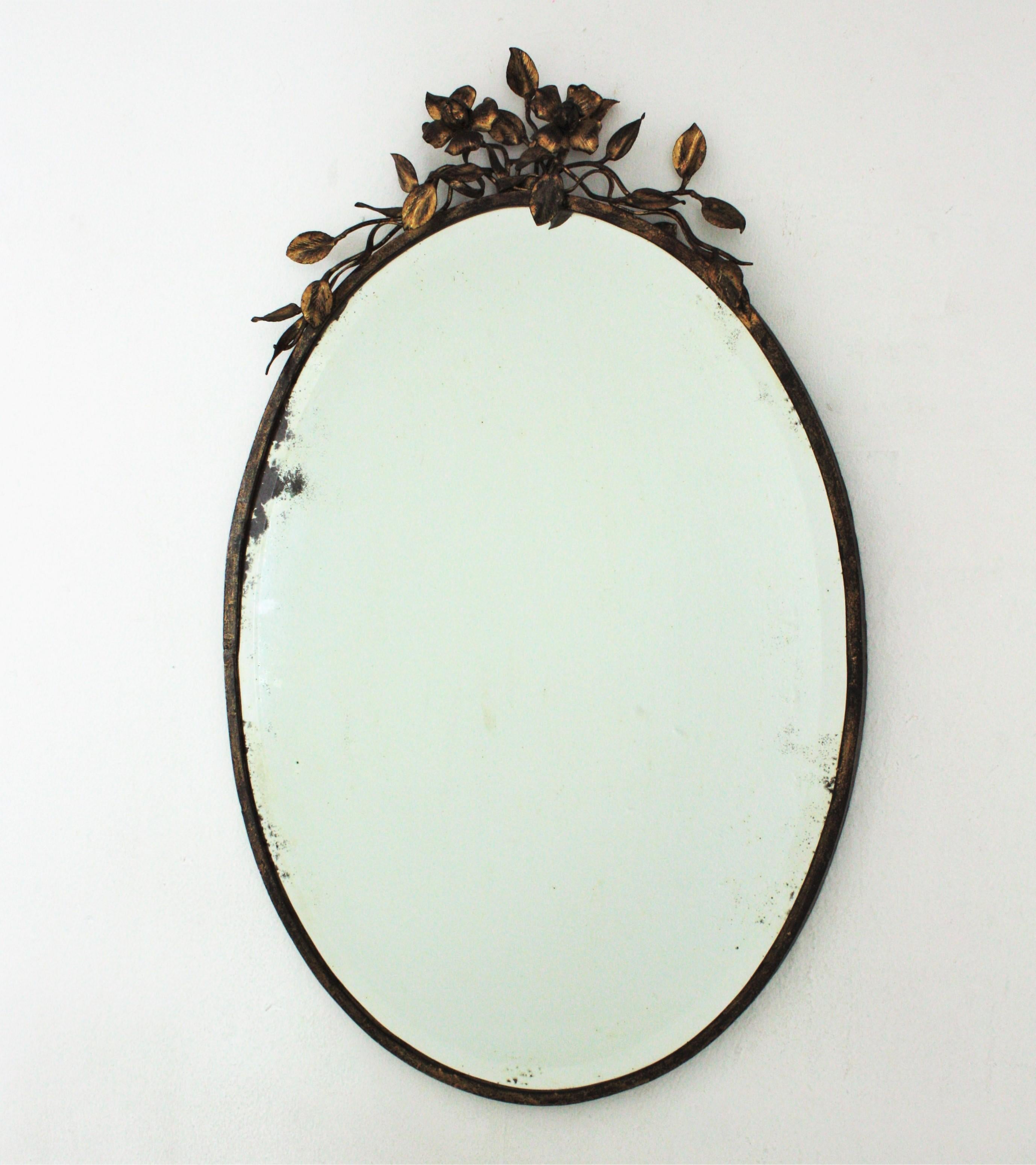 French Oval Mirror in Gilt Iron with Foliage Floral Top, 1940s 1