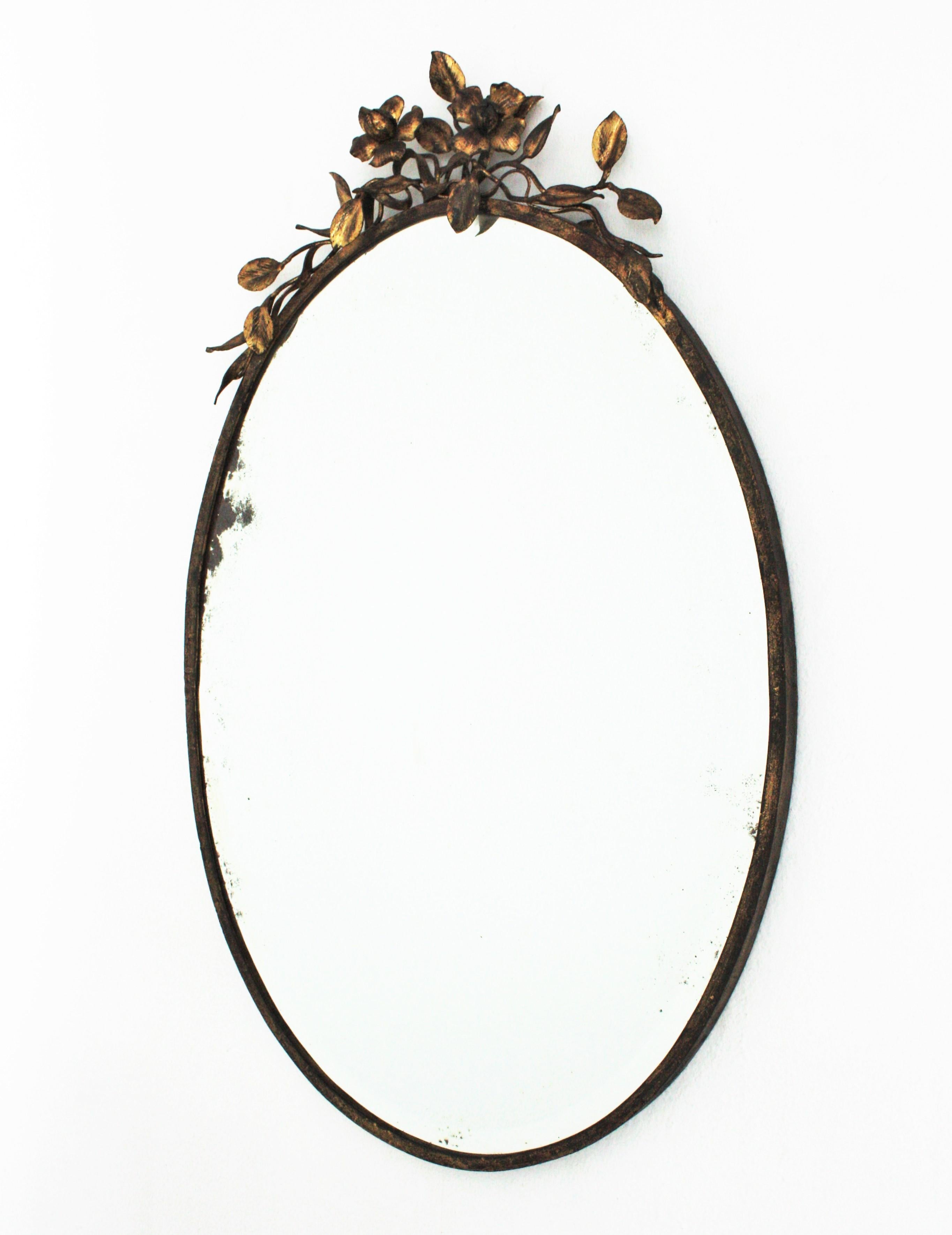 French Oval Mirror in Gilt Iron with Foliage Floral Top, 1940s 2