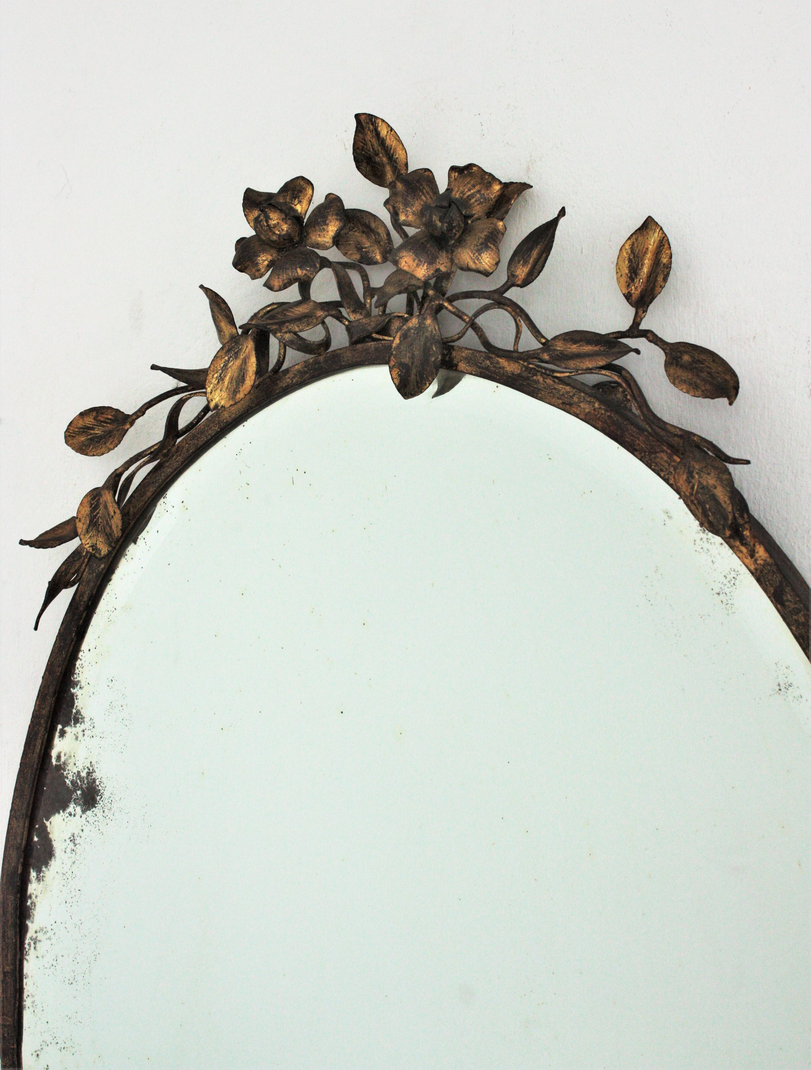 French Oval Mirror in Gilt Iron with Foliage Floral Top, 1940s 3