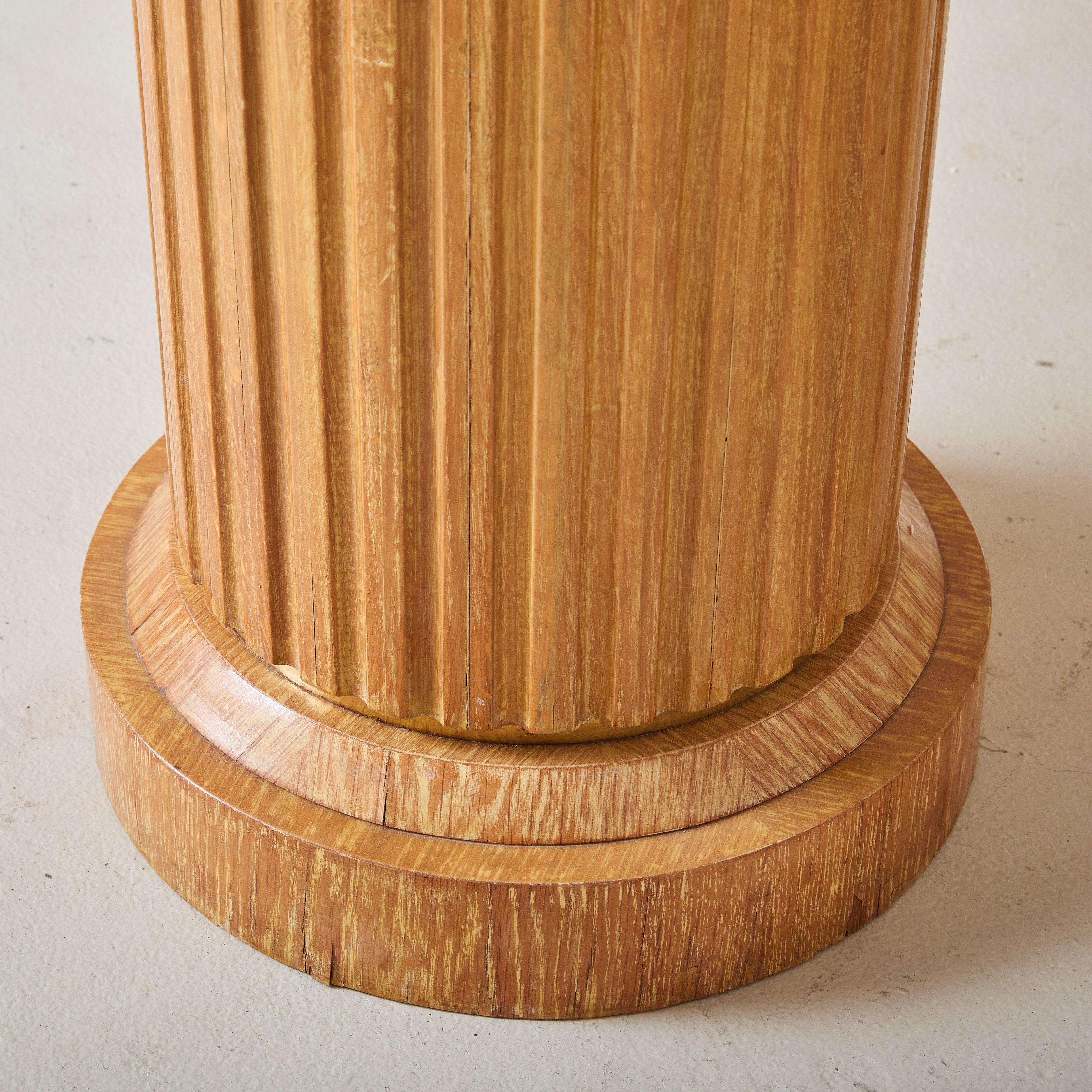 French Oval Oak Dining Table with Fluted Column Legs + Travertine Top, 1960s 5