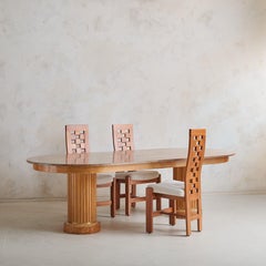 French Oval Oak Dining Table with Fluted Column Legs + Travertine Top, 1960s