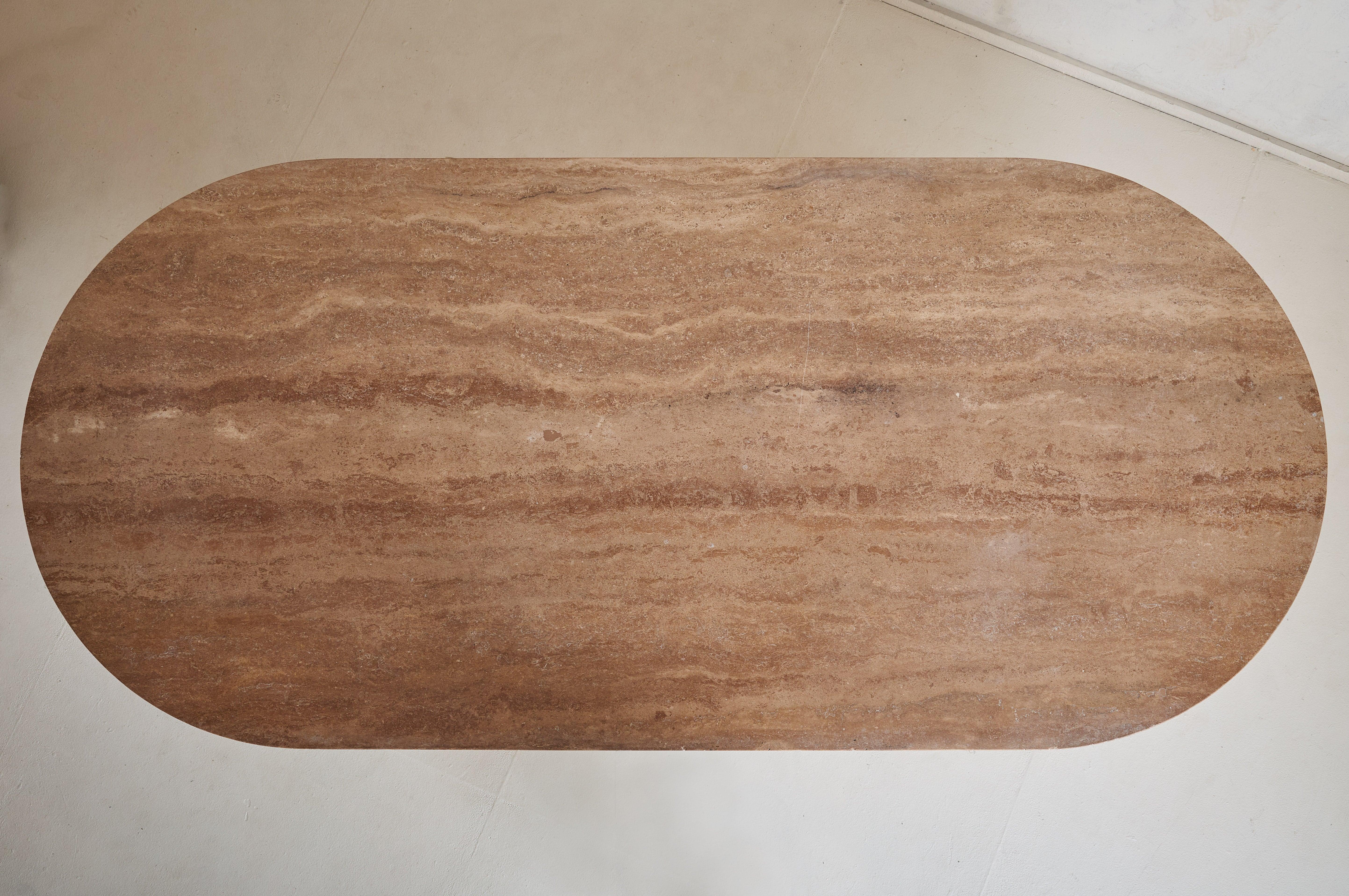 Art Nouveau French Oval Oak Dining Table with Fluted Column Legs + Travertine Top, 1960s