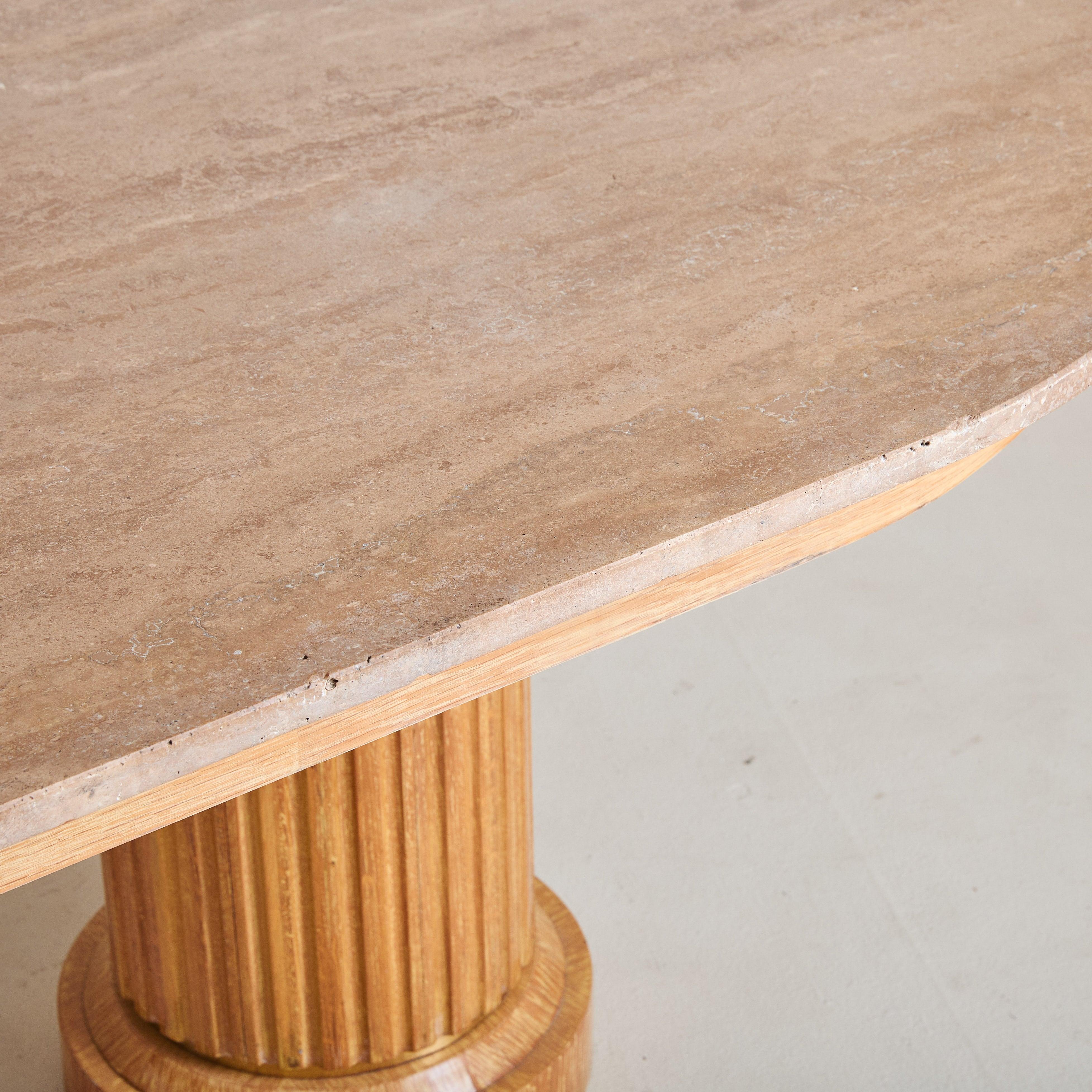 Mid-20th Century French Oval Oak Dining Table with Fluted Column Legs + Travertine Top, 1960s