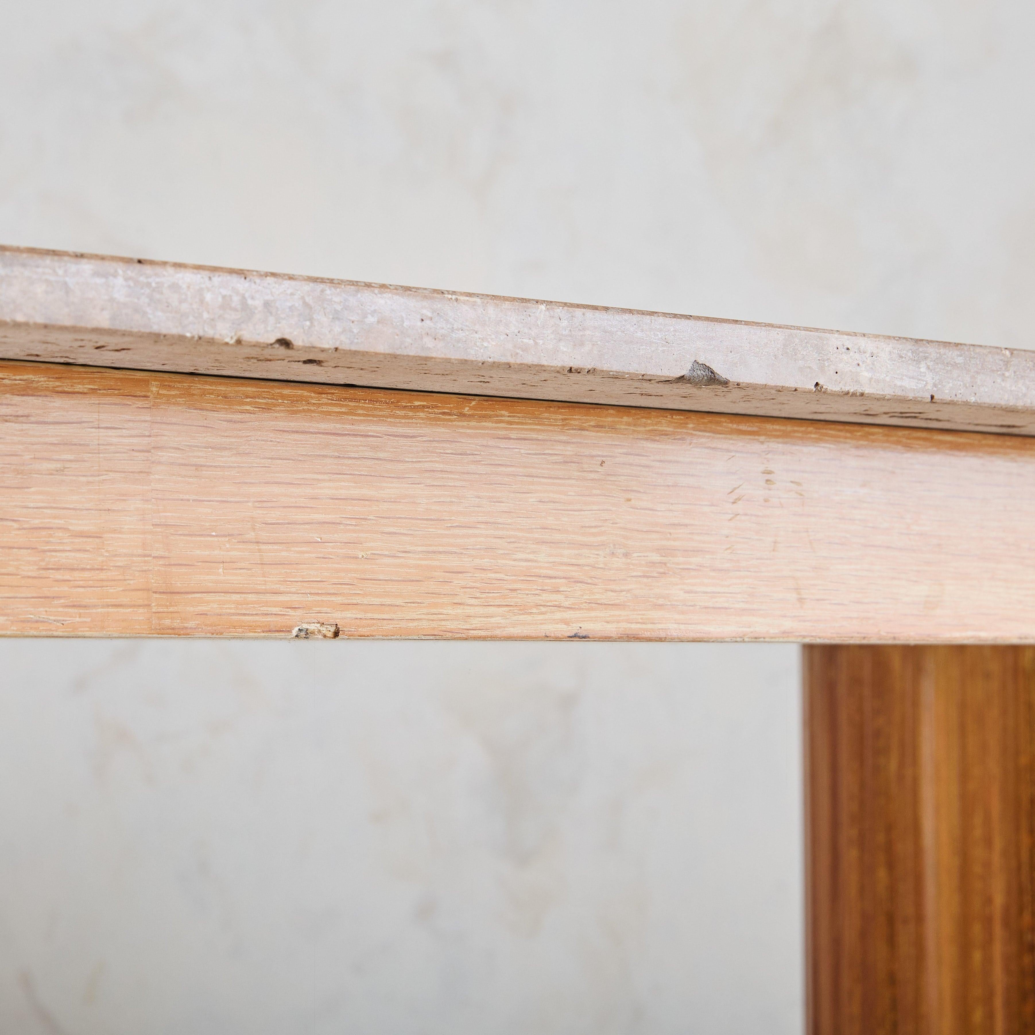 French Oval Oak Dining Table with Fluted Column Legs + Travertine Top, 1960s 3