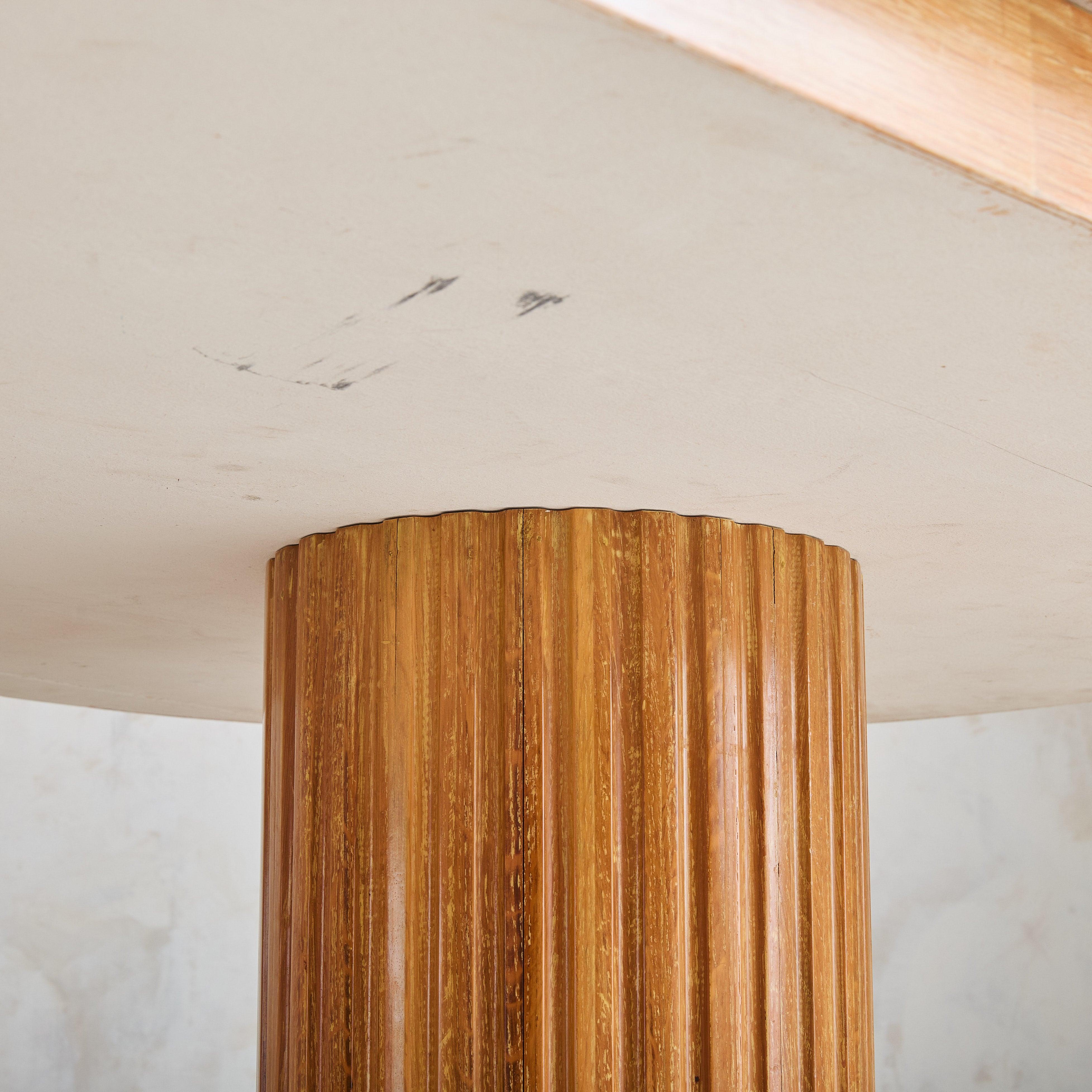 French Oval Oak Dining Table with Fluted Column Legs + Travertine Top, 1960s 4