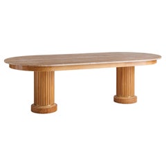 French Oval Oak Dining Table with Fluted Column Legs + Travertine Top, 1960s