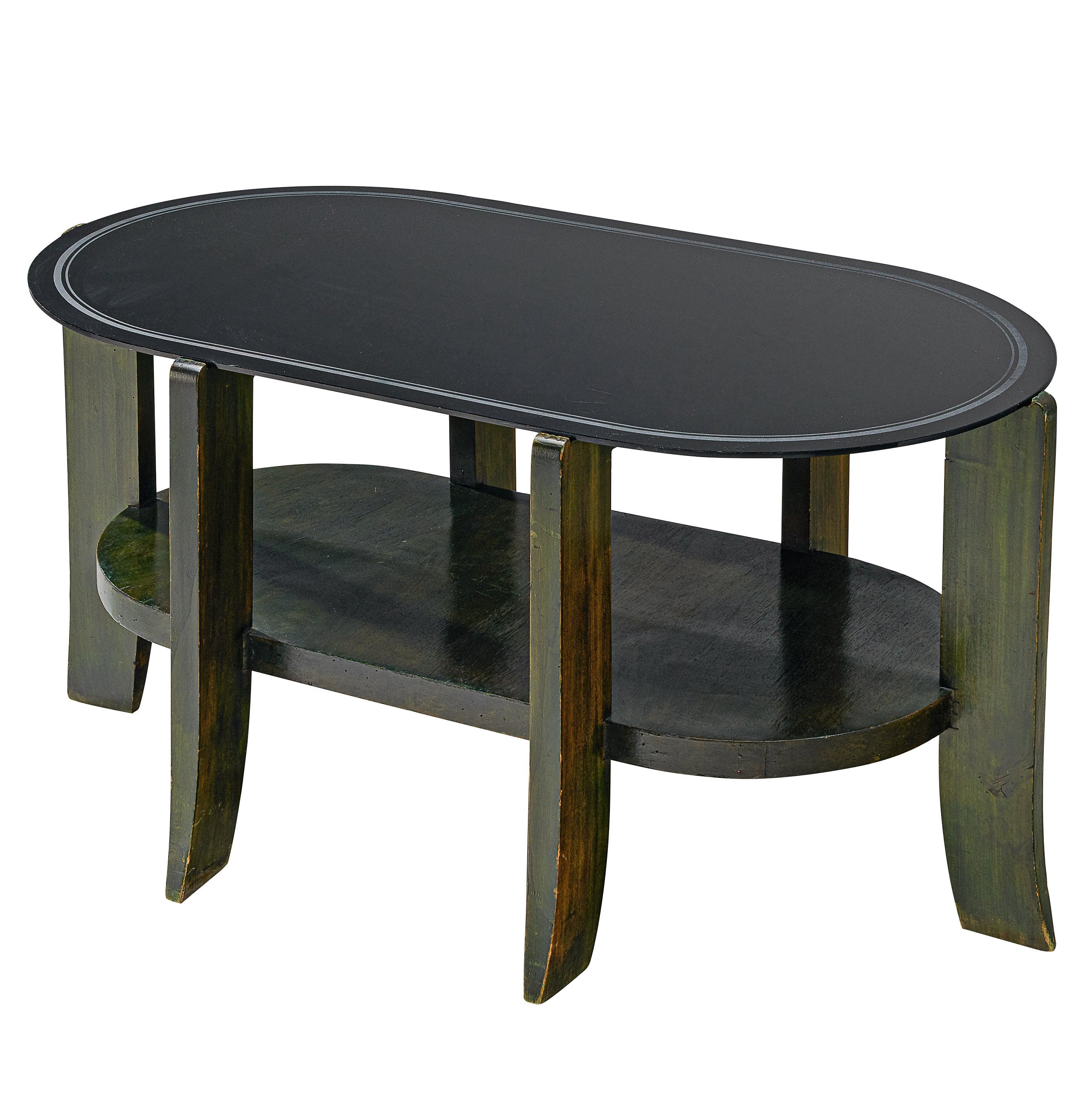 Italian Oval Shaped Coffee Table in Green Stained Wood and Black Glass