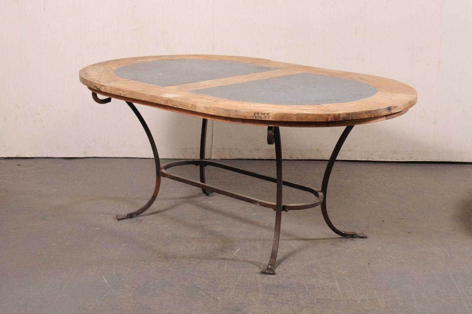 French Oval-Shaped Wood w/Stone Inlay Top Dining Table on Iron Base, Mid 20th C 6
