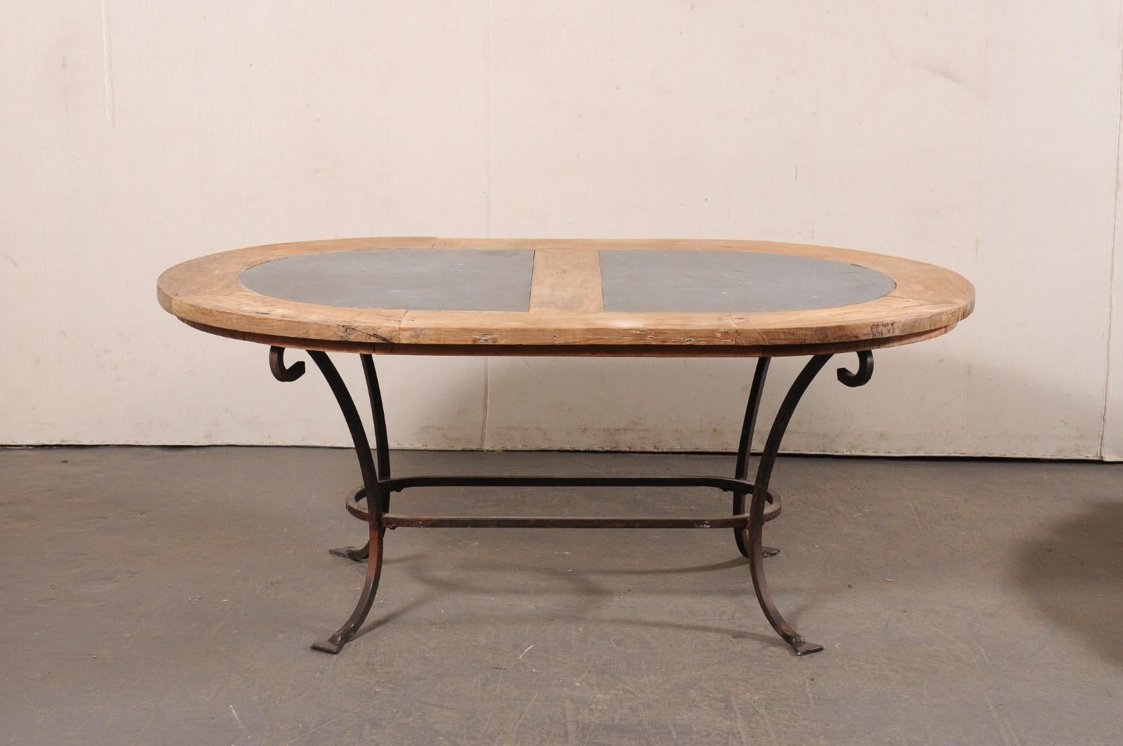 French Oval-Shaped Wood w/Stone Inlay Top Dining Table on Iron Base, Mid 20th C 7