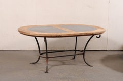 French Oval-Shaped Wood w/Stone Inlay Top Dining Table on Iron Base, Mid 20th C